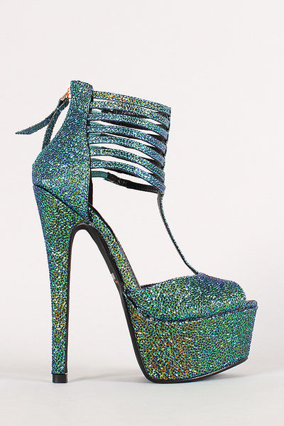 Anne Michelle Strappy Iridescent Textured Peep Toe Platform Heel