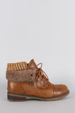 Sweater Fold Over Cuff Round Toe Lace Up Combat Booties