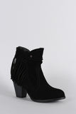 Suede Fringe Ruched Round Toe Heeled Western Ankle Boots