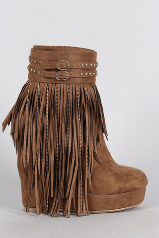 Suede Studded Fringe Round Toe Platform Wedge Booties