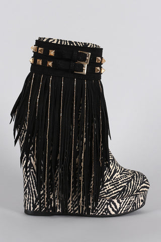 Tribal Studded Suede Chain Fringe Platform Wedge Bootie