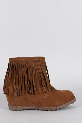 Suede Fringe Round Toe Hidden Wedge Booties