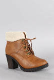 Faux Shearling Cuff Lace Up Heeled Ankle Boots