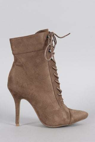 Wild Diva Lounge Suede Combat Lace Up Stiletto Booties