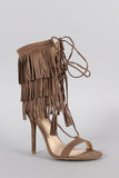 Wild Diva Lounge Fringe Cuff Tassel Lace Up Open Toe Heel