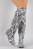 Zebra Print Round Toe Cuff Bow Tie Over-The-Knee Flat Boots