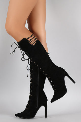 Suede Strappy Pointy Toe Lace Up Stiletto Boots