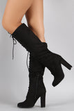 Wild Diva Lounge Suede Lace Up Knee High Heeled Boots